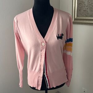 Greenwich Village Pink Cardigan Sweater‎ with Dachshund Patch striped sleeves M
